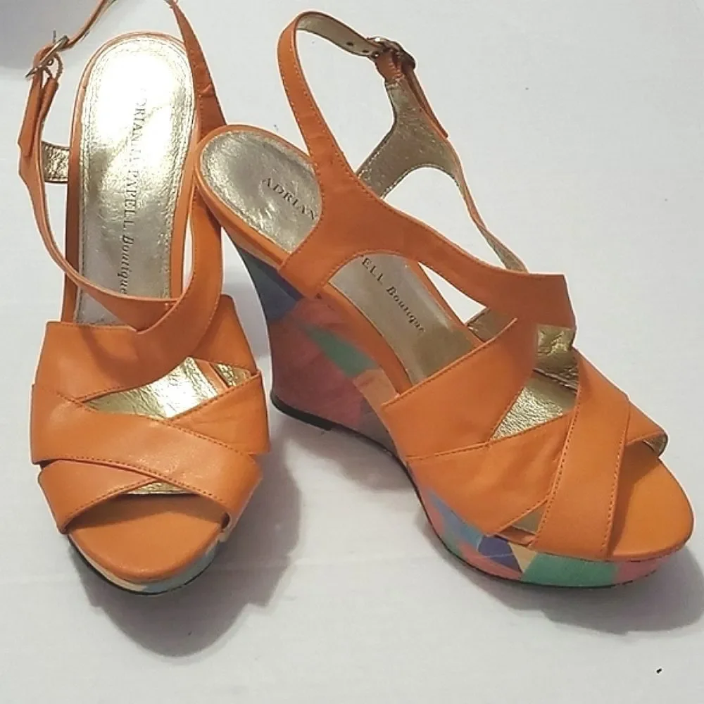 Adrianna Papell Colorful Artsy Orange Geometric Leather Platform Sandals 8M